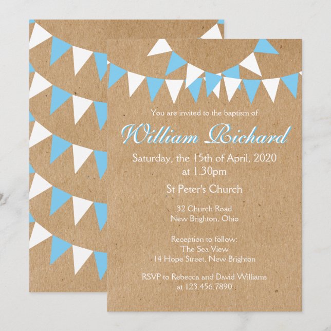 Invitation de baptême de bébé Bunting Bleu (Devant / Derrière)