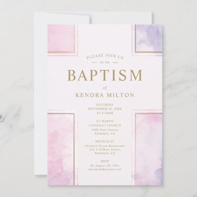 Invitation de baptême de bébé fille rose (Devant)