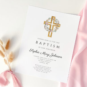 Invitation de baptême de croix de couronne florale