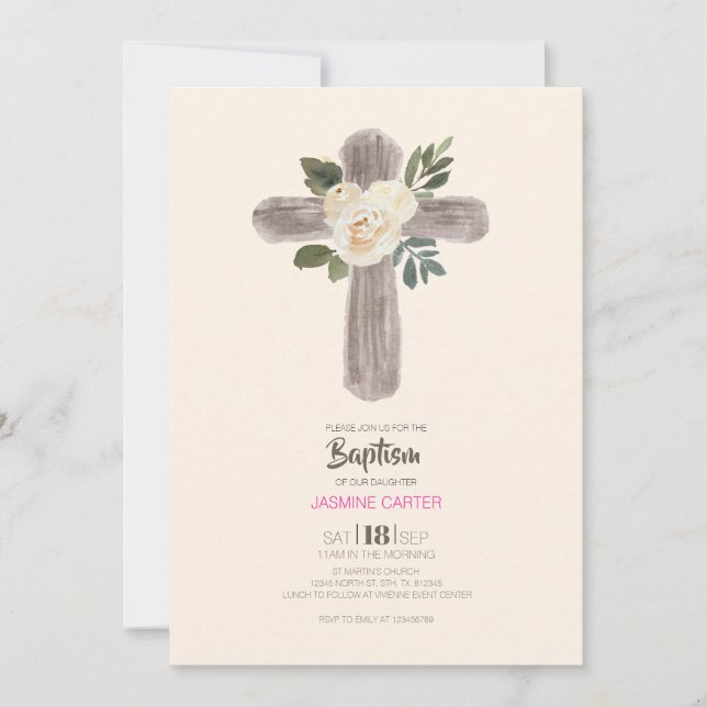 Invitation de baptême de fille à la croix florale  (Devant)