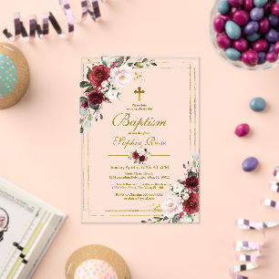 Invitation de baptême de fille avec cadre rose Mar