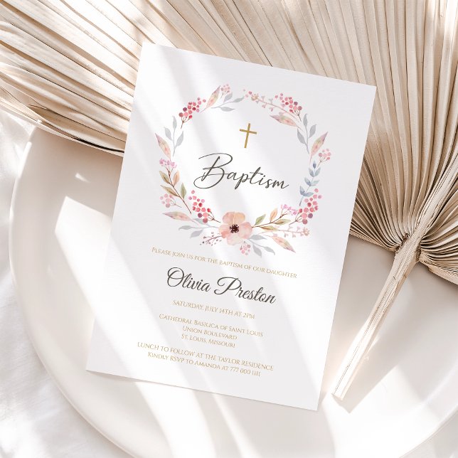 Invitation de baptême de fille florale bohème modi (Boho Floral Girl Baptism Invitation)