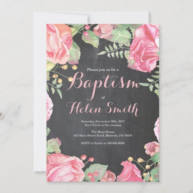 Invitation de baptême de fille rose florale (Devant)