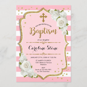 Invitation de baptême de filles - blanc rose d'or