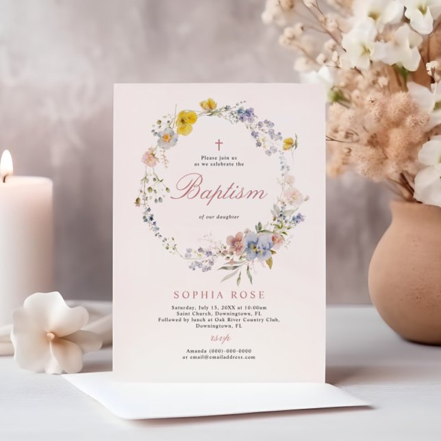 Invitation de baptême de fleurs sauvages bohème d' (Créateur téléchargé)