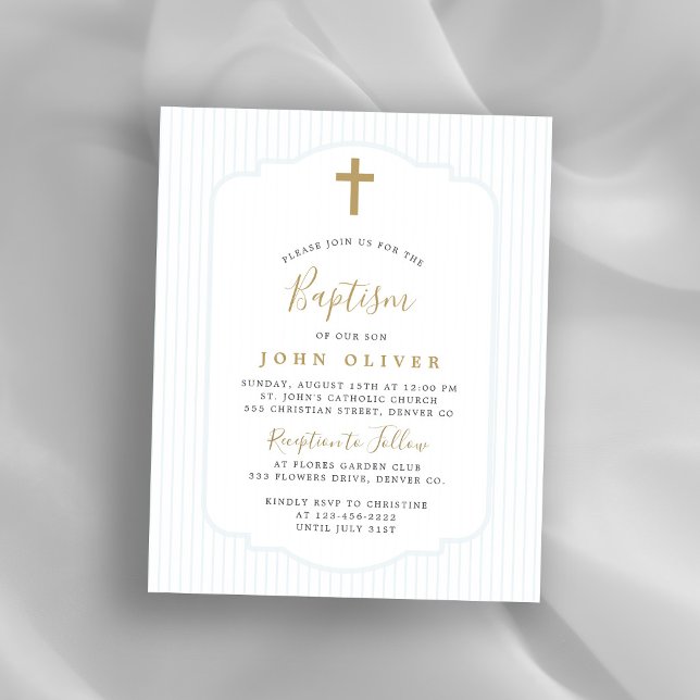 Invitation de baptême de garçon bleu croix dorée b (Créateur téléchargé)
