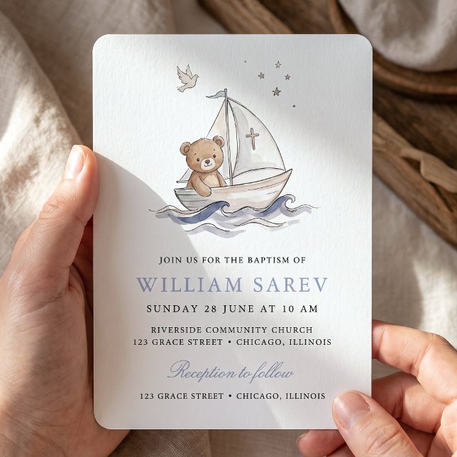 Invitation de baptême de l'ours nautique bleu doux (Créateur téléchargé)