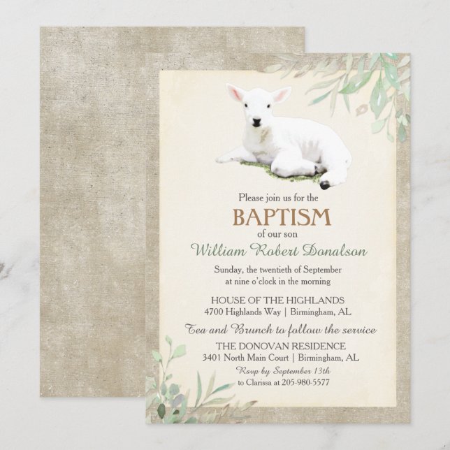 Invitation de baptême de petit agneau genre neutre (Devant / Derrière)