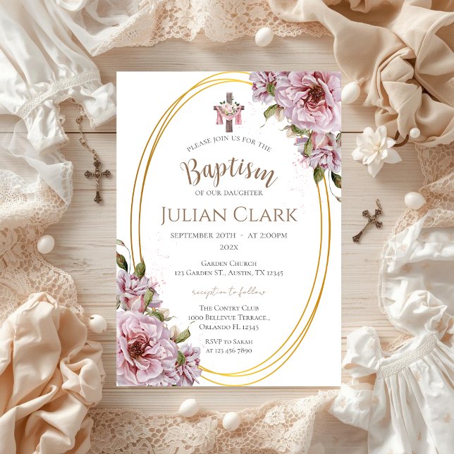 Invitation de baptême de petite fille aux fleurs r (Créateur téléchargé)
