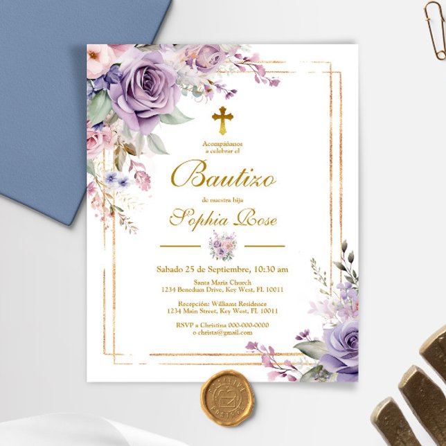 Invitation de baptême de roses violettes pour budg (Créateur téléchargé)