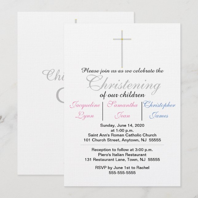 Invitation de baptême de triplés rose bleu (Devant / Derrière)
