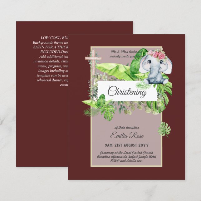 Invitation de baptême d'éléphant bébé pour filles  (Devant / Derrière)