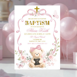 Invitation de baptême d'ours coquette avec noeud f