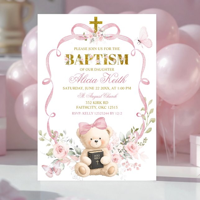 Invitation de baptême d'ours coquette avec noeud f (Créateur téléchargé)