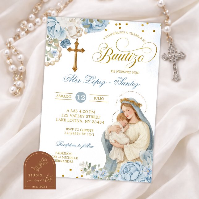 Invitation de baptême du rosaire floral bleu et or (Créateur téléchargé)