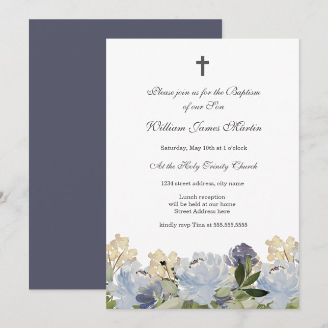 Invitation de baptême élégante à fleurs bleues (Devant / Derrière)