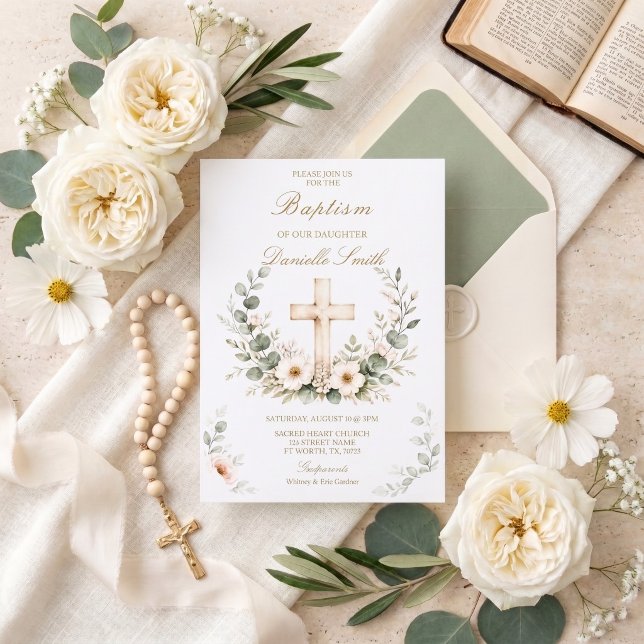 Invitation de baptême élégante à l'aquarelle avec  (Créateur téléchargé)