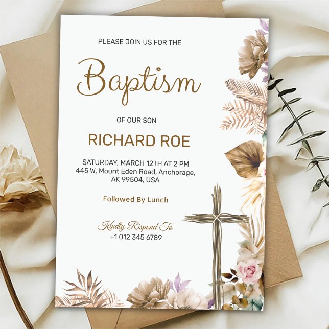 Invitation de baptême élégante avec accent floral (Créateur téléchargé)