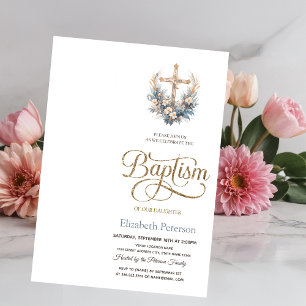 Invitation de baptême élégante avec croix et fleur