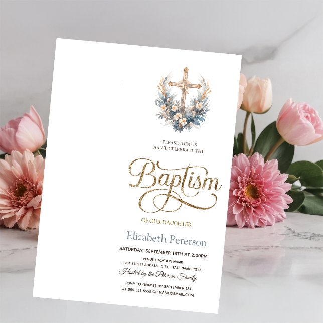 Invitation de baptême élégante avec croix et fleur (Créateur téléchargé)