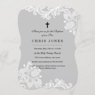 Invitation de baptême élégante en dentelle grise e