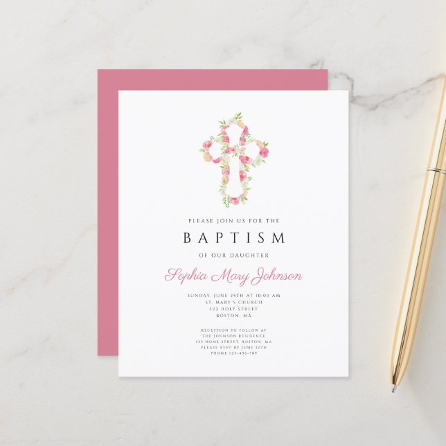 Invitation de baptême élégante et abordable avec f (Devant/Arrière en situation)