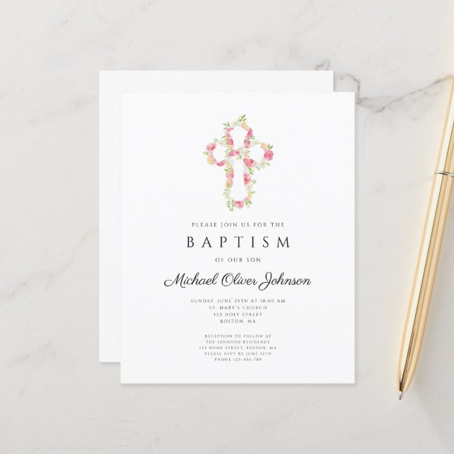 Invitation de baptême élégante et économique à fle (Devant/Arrière en situation)
