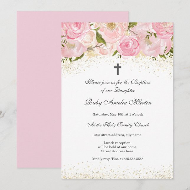 Invitation de baptême élégante rose scintillante e (Devant / Derrière)