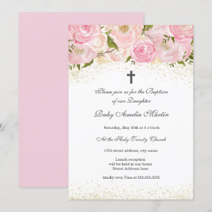 Invitation de baptême élégante rose scintillante e