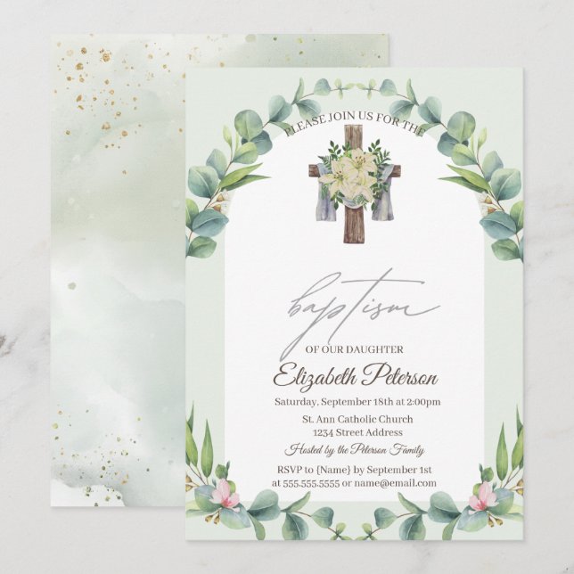 Invitation de baptême en bois floral croix (Devant / Derrière)