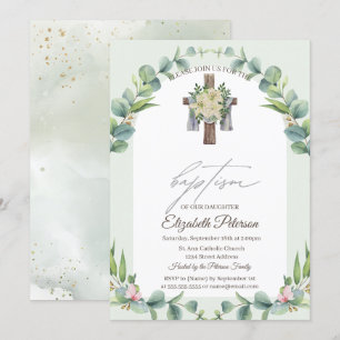 Invitation de baptême en bois floral croix