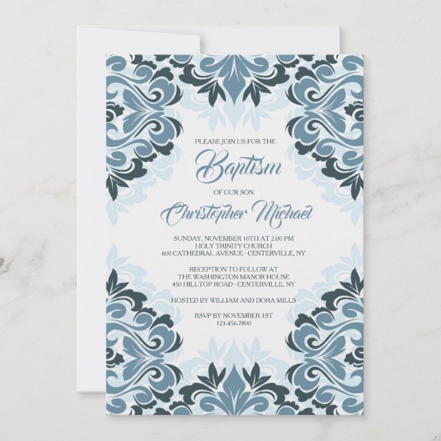 Invitation de baptême en damas bleu (Devant)