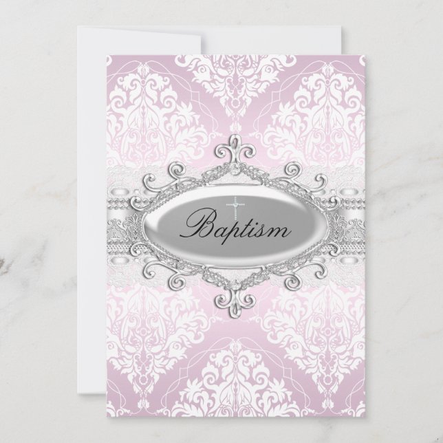 Invitation de baptême en Damassé Rose et Croix de  (Devant)