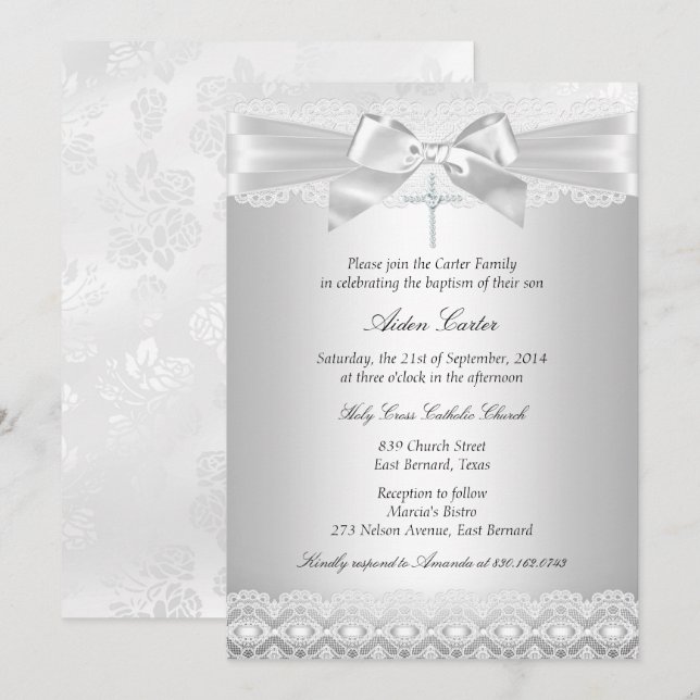Invitation de baptême en dentelle argentée et croi (Devant / Derrière)