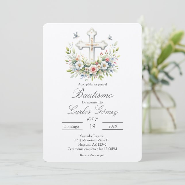Invitation de baptême en espagnol avec croix (Debout devant)