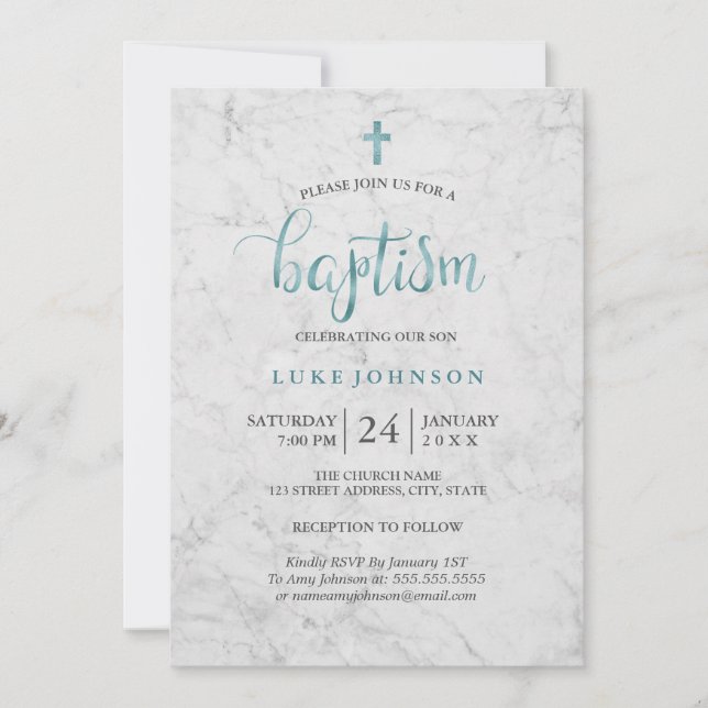 Invitation de baptême en marbre bleu moderne (Devant)