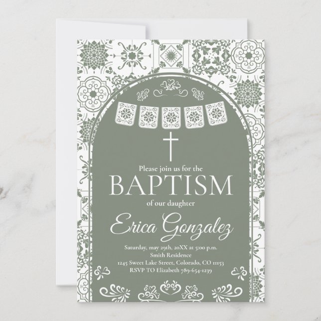 Invitation de baptême en papel picado vert sauge (Devant)