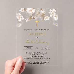 Invitation de baptême espagnol floral blanc beige