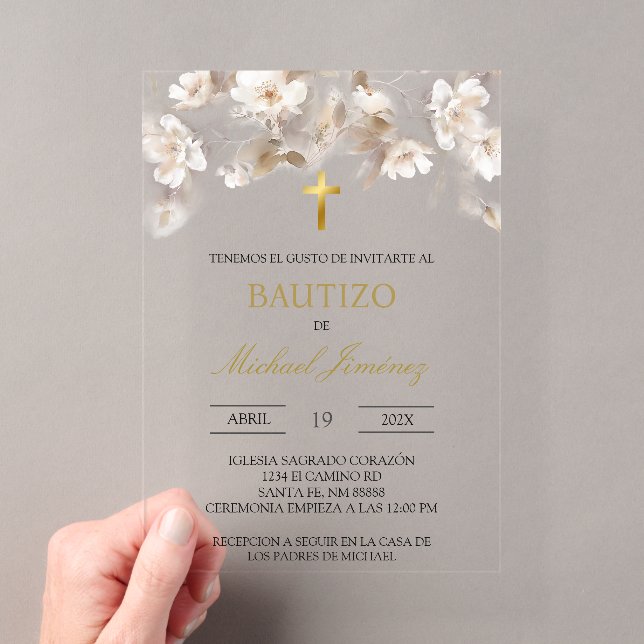 Invitation de baptême espagnol floral blanc beige (In situ (ordinateur de poche))