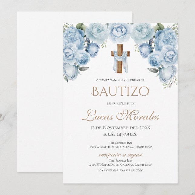 Invitation de baptême espagnol garçon (Devant / Derrière)