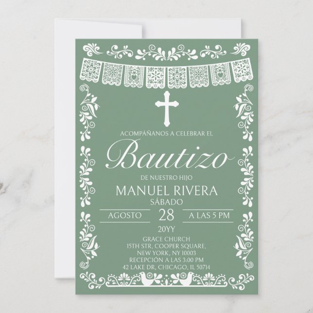 Invitation de baptême espagnol Sage Green Papel Pi (Devant)
