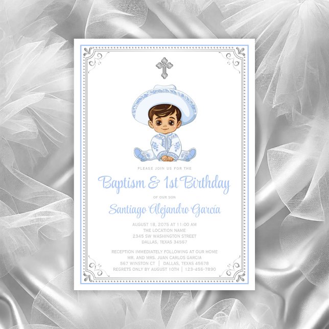 Invitation de baptême et d'anniversaire Charro arg (Cute baby charro baptism invitation. All text can be changed, baby moved, cross moved/removed.)