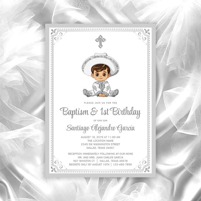 Invitation de baptême et d'anniversaire pour bébé  (Charro baby baptism invitation. All text can be changed, move/remove baby and cross as needed.)