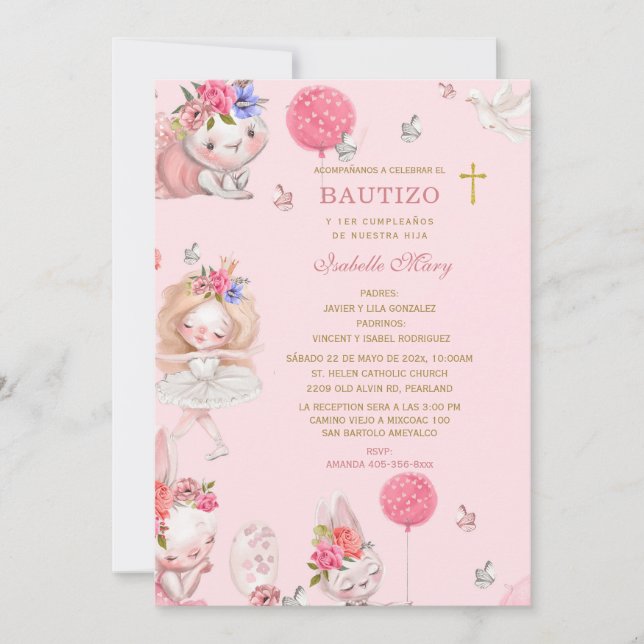 Invitation De Baptême et Premier Anniversaire Pour Fille  (Devant)