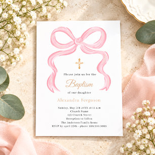 Invitation de baptême fille à ruban rose