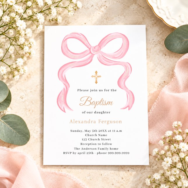 Invitation de baptême fille à ruban rose (Créateur téléchargé)