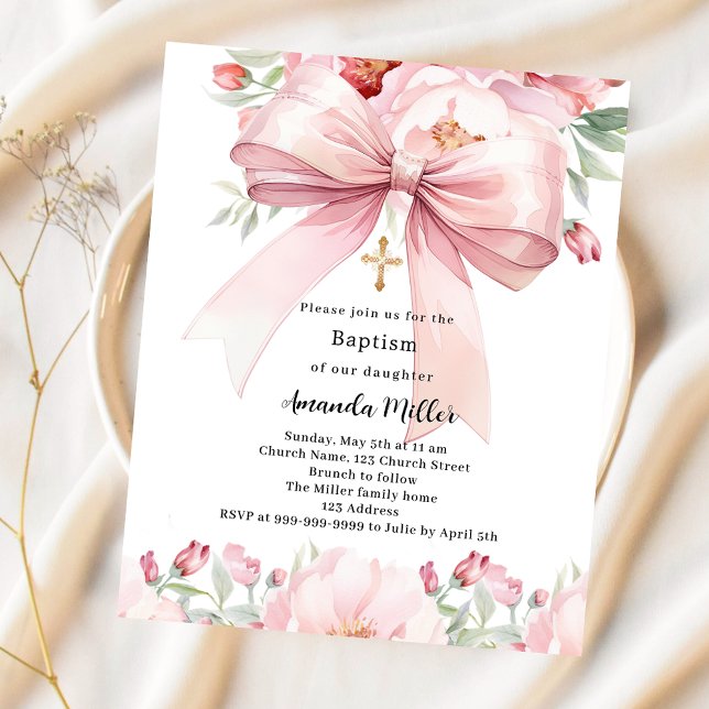 Invitation de baptême fille à ruban rose (Créateur téléchargé)