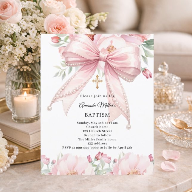 Invitation de baptême fille à ruban rose et perles (Créateur téléchargé)