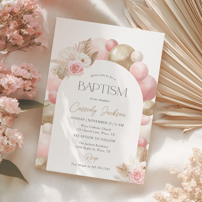 Invitation de baptême fille au ballon rose et herb (Créateur téléchargé)