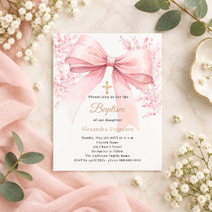 Invitation de baptême fille aux florales à ruban r